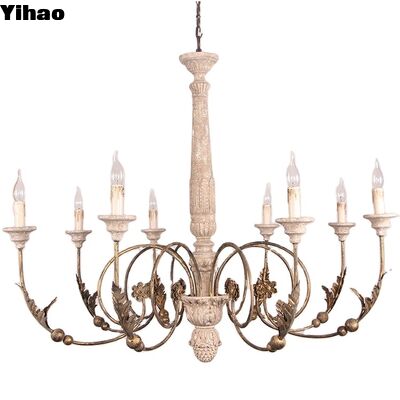 buy Antique Gold Floral Iron Frame Wooden Crystal Chandelier with Adjustable Height for Living Room Dining Room online manufacture
