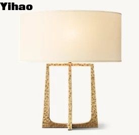 Hammered Iron Base Farmhouse Style Wood LED Table Lamps With White Oval Linen Shade