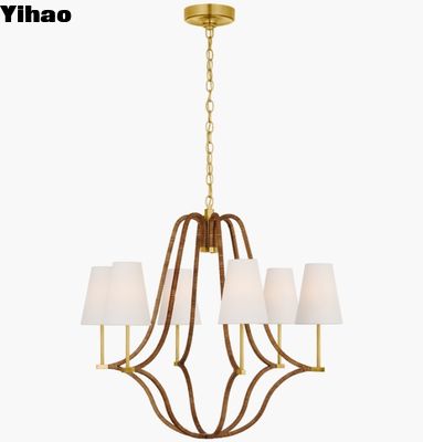 Vsual Comfort Biscayne Large Wrapped Chandelier CHC 5581 Antique-Burnished Brass And Natural Rattan
