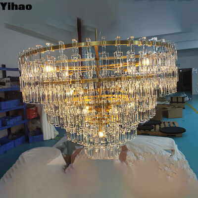 Yihao Factory Direct Custom Large K9 Luxury Brass Body Crystal Shade Chandelier with 3500K Warm White for Hotel Bedroom & Living Room