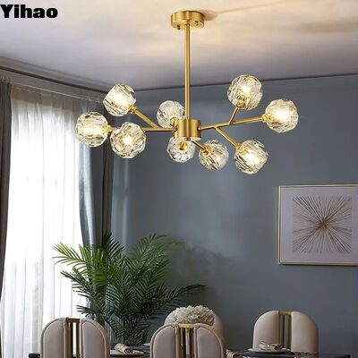 Luxury Brass Body Crystal Shade Chandelier with Adjustable Height for Modern Living Rooms